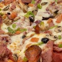 Veggie Pizza · House made dough, pizza sauce, green pepper, mushroom, black olive, tomato and mozzarella ch...