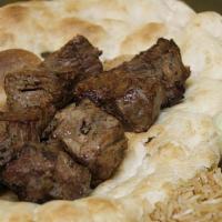 A-4 Lamb Kabob · Chunks of tender lamb, marinated in special spices and garlic broiled on a skewer