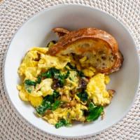 The Forager Scramble · Fresh seasonal mushrooms/potato medley, scrambled eggs, spinach, and scallions. Served with ...