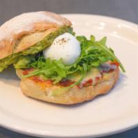 Good Morning Avocado Sandwich · Ciabatta roll, beecher's flagship cheddar, smashed avocado, arugula, seasonal tomatoes, and ...