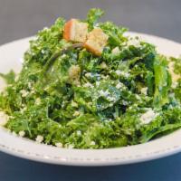 Flagship Kale Salad · Curly kale, spinach, baby kale, parmesan croutons, beecher's flagship cheese crumbles and pa...