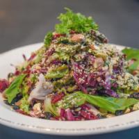 On The Wagon (Detox Salad) · Red leaf lettuce, kale, radicchio, almonds, dried cherries, and blueberries, beets, hemp see...