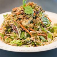 Soba Noodle Bowl · Buckwheat soba noodles, cabbage, red leaf lettuce, green onion, carrots, salty seed mix and ...