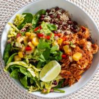 Cha Cha Chicken Bowl · Sofrito rubbed chicken, red beans, and brown rice, cabbage, and spinach slaw, radish, pineap...
