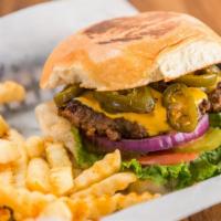 Spicy Jalapeno Burger · Grilled spicy jalapenos, flavored ground beef patty, grilled jalapenos, American cheese, gre...