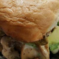 In-House Veggie Burger · Sautéed mushrooms, grilled jalapenos, grilled onions, Swiss cheese, fresh sliced avocados, g...