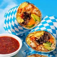 Classic Breakfast Burrito · Your choice of protein, two scrambled eggs, potatoes, melted cheese, black beans, wrapped in...