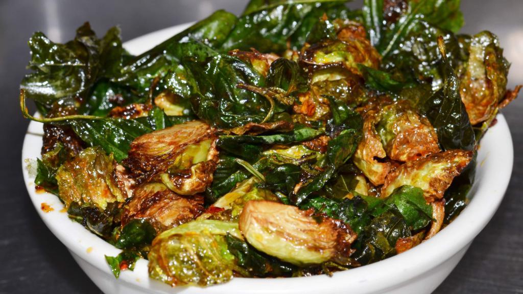 Sss Brussel Sprouts  (Gf) · Vegetarian, spicy, no fish sauce. (Sweet, sour, spicy) Roasted Brussels sprouts & crispy Thai basil wok-tossed in Mam’s homemade special sweet & tangy roasted chili reduction.