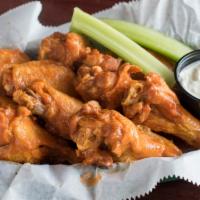 Chicken Wings · 10 Jumbo wings with blue cheese or ranch dressing. Choose from Hot, Mild, Old Bay, Honey Old...