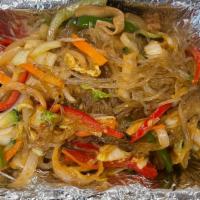 Japchae · Pan fried glass noodles with pork, vegetables, mushrooms with soy sauce.