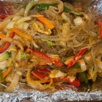 Japchae Rice · Glass noodle, shredded pork and vegetables with rice.