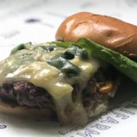 Poblano Burger · Porter Road Butcher Grass-fed Beef, Pepperjack Cheese, Local Greens from Hopewell Farms, Chi...