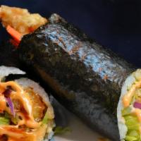 Shrimp Tempura Sushi Burrito · Shrimp tempura, lettuce, avocado, cucumber, carrots, purple cabbage and sushi sauce.