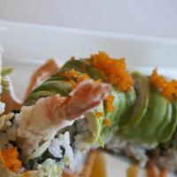 Green Dragon Roll · Double shrimp tempura and cream cheese topped with avocado, eel sauce and fish roe. 8 pieces.