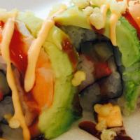 Shrimp Lovers Maki · Double shrimp tempura and cream cheese topped with steamed shrimp, avocado and spicy mayo, e...