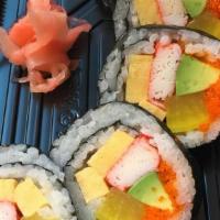 Futo Maki Roll (5 Pieces Big Roll) · Crab meat, avocado, oshinko, tamago and masago.