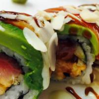 Crush On You · Spicy crunchy yellowtail and avocado topped with salmon, eel, wasabi mayo, eel sauce and sli...