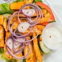 Buffalo Chicken Salad · Breaded buffalo chicken cutlet over a bed of lettuce, tomatoes, cucumbers and blue cheese dr...
