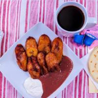 Platanos Fritos/ Crema Y Frijoles · Fried Plantains with Sour Cream & Refried Beans