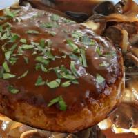 Salisbury Steak-Best In Town · 10oz Black Angus ground beef (80/20), stuffed with Cheddar cheese, pan seared and finished i...