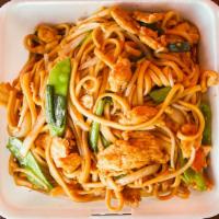 Chicken Lo-Mein · Chicken and soft lo-mein noodles with nappa snow peas sprouts green onions and celery stir-f...