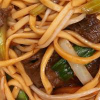 Beef Lo-Mein · Beef and lo-mein noodles with nappa snow peas sprouts green onions and celery stir-fried wit...