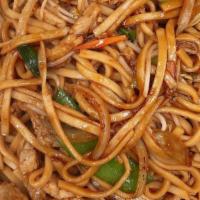 Pork Lo-Mein · Pork and lo-mein noodles with nappa snow peas sprouts green onions and celery stir-fried wit...