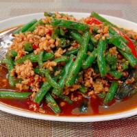 Chicken Madness - Medium Spicy · Mined chicken sautéed with chili, garlic, green beans, red bell peppers and fresh basil leav...