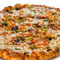12'' Mediterranean Veggie Pizza · Tomato sauce, diced mix (tomato, onion, green pepper, red peppers, black olives, crushed red...