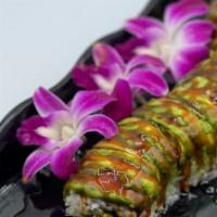Caterpillar Roll · Eel, Cucumber, Cream Cheese inside. Topped with Avocado and Eel Sauce