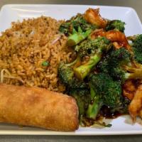 Shrimp With Broccoli · Comes with fried rice and egg roll.