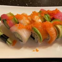 Rainbow Roll · Crab meat & cucumber with avocado, tuna, salmon, shrimp, and red snapper on top.