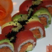 Tuna Lover'S Roll · Spicy tuna with avocado inside & fresh tuna topped with tobiko outside.