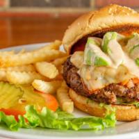 Mexican Burger · Topped with avocado, pico, pepper jack cheese,
lettuce, and chipotle ranch.