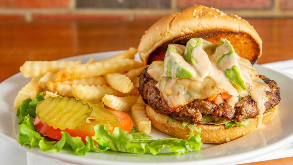 Mexican Burger · Topped with avocado, pico, pepper jack cheese,
lettuce, and chipotle ranch.