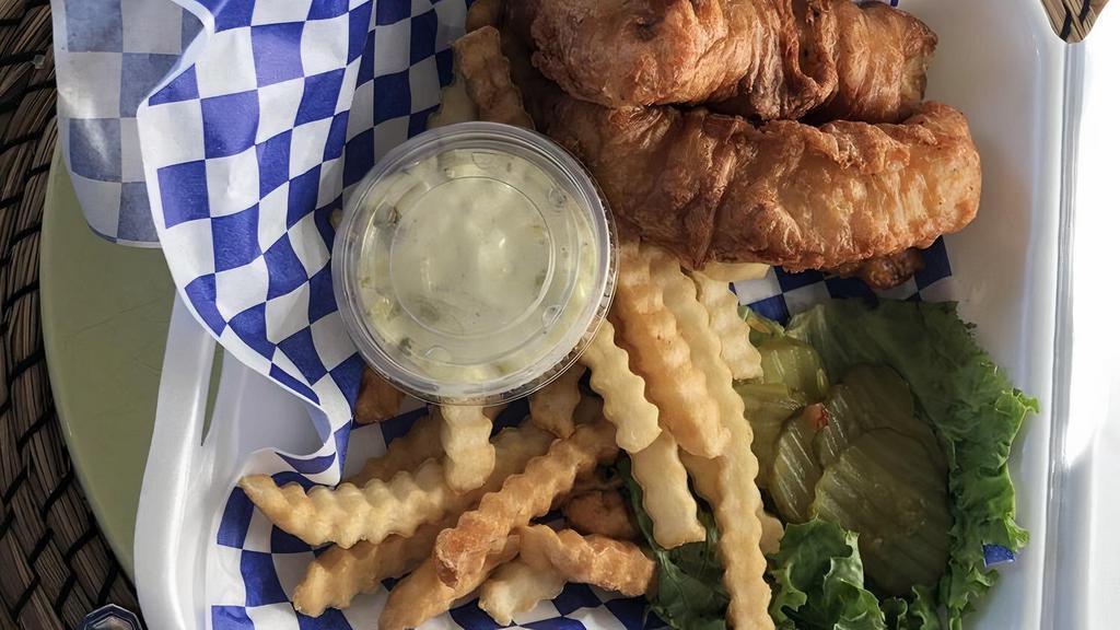 Tavern Fish & Chips · Fried in our home-made beer batter. Served with
fries or house-made chips and coleslaw.