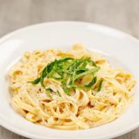 Fettuccini Alfredo · fettucine, garlic alfredo sauce, parmesan, basil