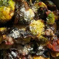 Brussel Sprouts · Fire roasted with bacon, shallots, and parmesan