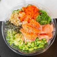 Spicy Mayo Salmon Bowl · Our Spicy Mayo Salmon bowl with avocado, masago, cucumber, green onion, seaweed salad, crab ...