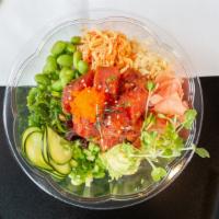 Ahi Tuna Bowl · Our freshly diced Ahi Tuna bowl with avocado, masago, cucumber, green onion, seaweed salad, ...