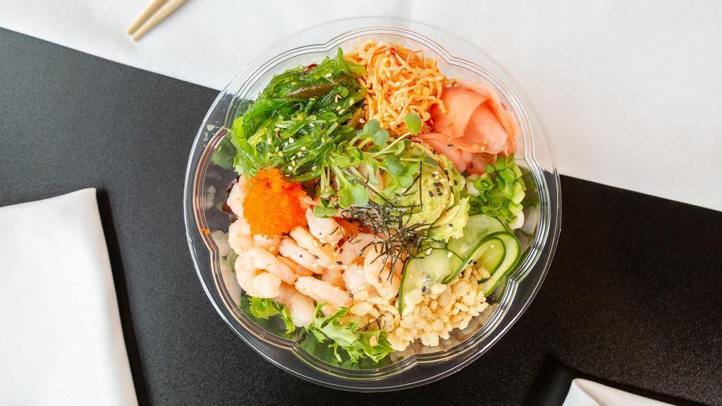 Shrimp Bowl (Cooked Shrimp) · Our cooked Shrimp poke bowl with avocado, masago, cucumber, green onion, seaweed salad, crab salad, micro greens, edamame and topped with dry nori seaweed, tempura crunch and sesame seeds.