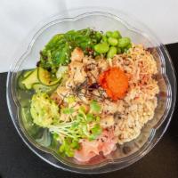 Scallops Bowl (Cooked Scallops) · Our cooked kimchi Scallop poke bowl with avocado, masago, cucumber, green onion, seaweed sal...