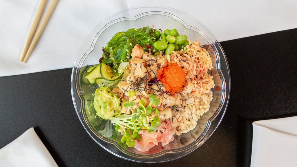 Scallops Bowl (Cooked Scallops) · Our cooked kimchi Scallop poke bowl with avocado, masago, cucumber, green onion, seaweed salad, crab salad, micro greens, edamame and topped with dry nori seaweed, tempura crunch and sesame seeds.
