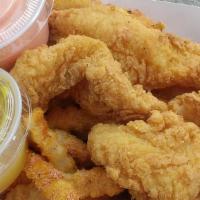 Fish And Chips · Fried catfish strips. Served with dipping tiger sauce. Served with cajun fries and fry sauce.