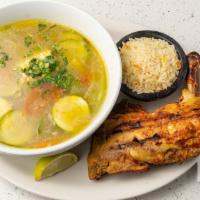 Sopa De Pollo  Asado(Chicken Soup) · 1/4 of a grilled chicken leg soup with vegetables and a side of rice