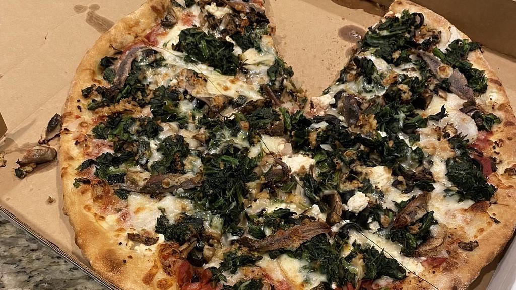Spinach Royal Pizza (Medium) · Original tomato sauce, mozzarella, spinach, topped with Monterey Jack and cheddar cheese.