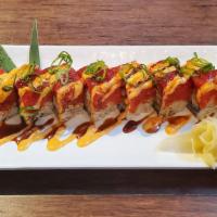 Red Dragon Roll (Sushi Roll) · Shrimp tempura roll topped w/ spicy tuna (8pcs)