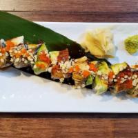 Dragon Roll (Sushi Roll) · California roll topped w/ eel & avocado (8pcs)