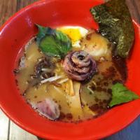 Seared Wagyu Ramen (Beef Broth) · Bamboo shoots, ginger, green onions, bean sprouts, sea weeds, fish cake, egg, and seared wag...