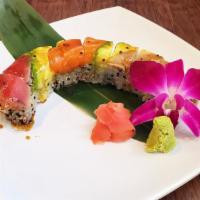 Rainbow Roll · Seared tuna, albacore, salmon, avocado on California roll (8pcs)